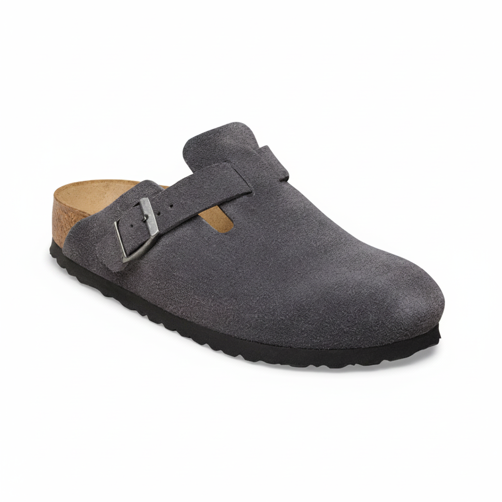 Gray clog shoe with a brown insole on a white background